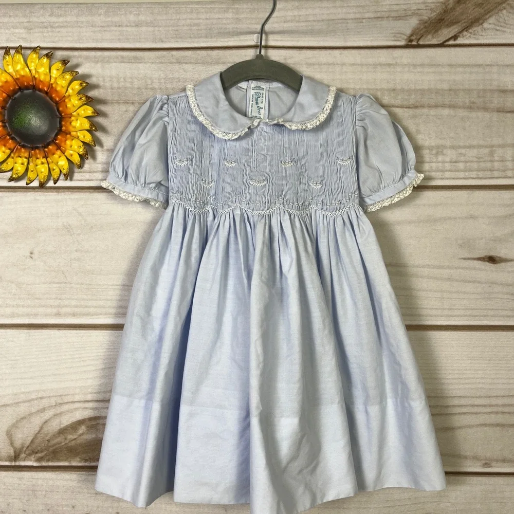Vintage Feltman Bros Light Blue Smocked Baby Dress Puff Sleeves Lace 18M Cotton